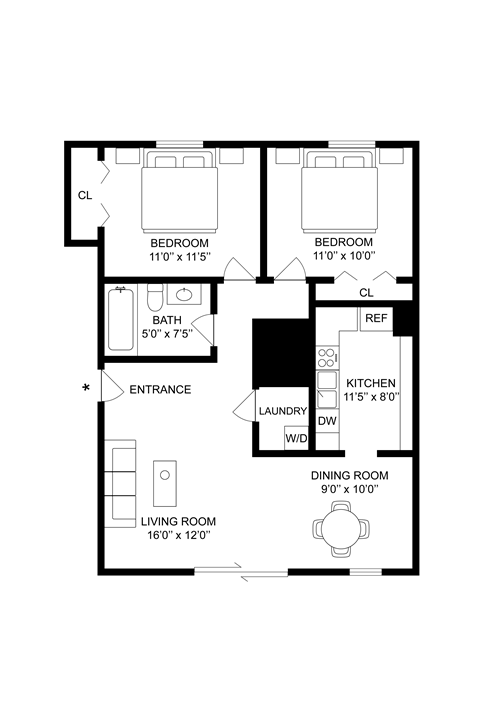 Two bedroom One Bath floor plan